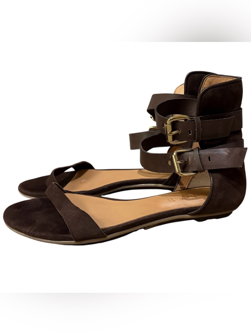 L.A.M.B. Gwen Stefani Brown Suede Leather Buckle Strap Sandals Sz 6.5